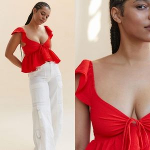 UO Sierra Keyhole Babydoll Blouse Chrismast Size S Red Color